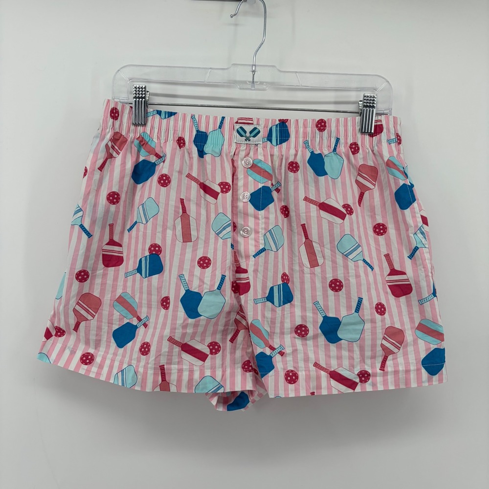 Happily Grey Medium Pink Pickleball Striped Pajama Shorts Cotton Loungewear